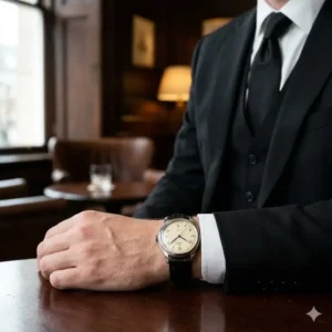 Illustration 7: Elegant vintage-inspired watches that go well with black suits featuring a classic cream dial and black leather.