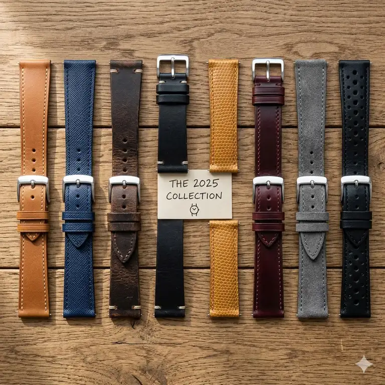 A luxury flat lay showcasing the best leather watch straps 2025 in various colors and textures.best leather watch straps 2026