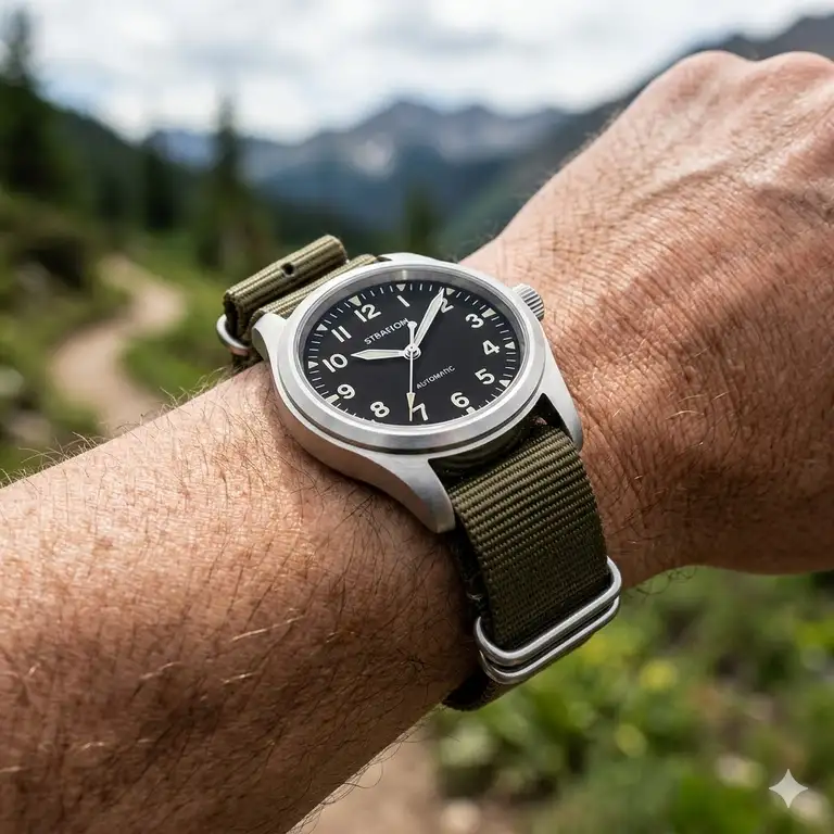 A premium olive drab nylon strap showing why these are the best nato straps for field watches on a hiker's wrist.