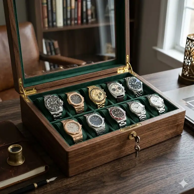 A luxury wooden case showcasing the best watch display boxes for collectors with ten premium timepieces.