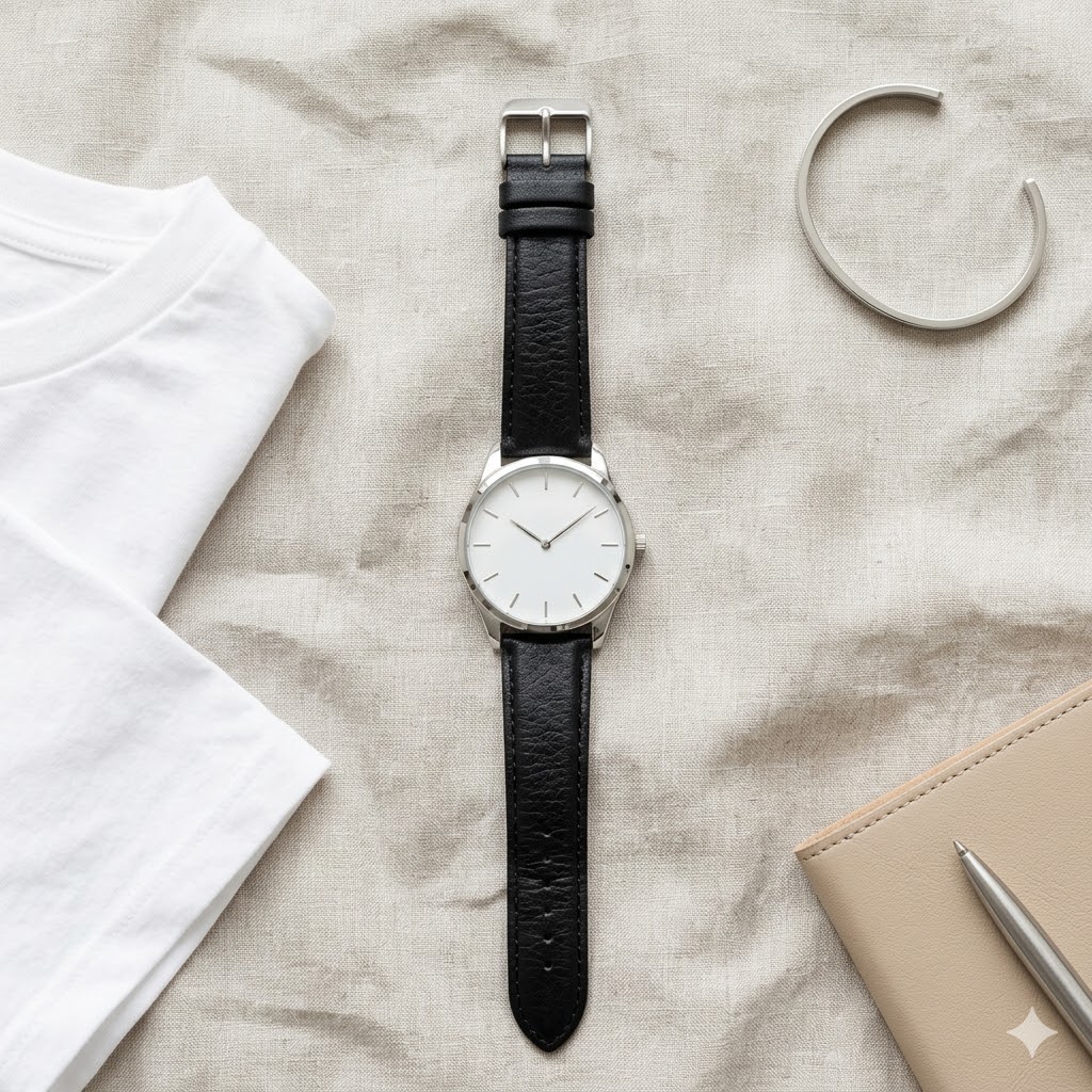 A flat lay of a sleek silver timepiece with a white dial, representing the best watches for minimalist fashion style.