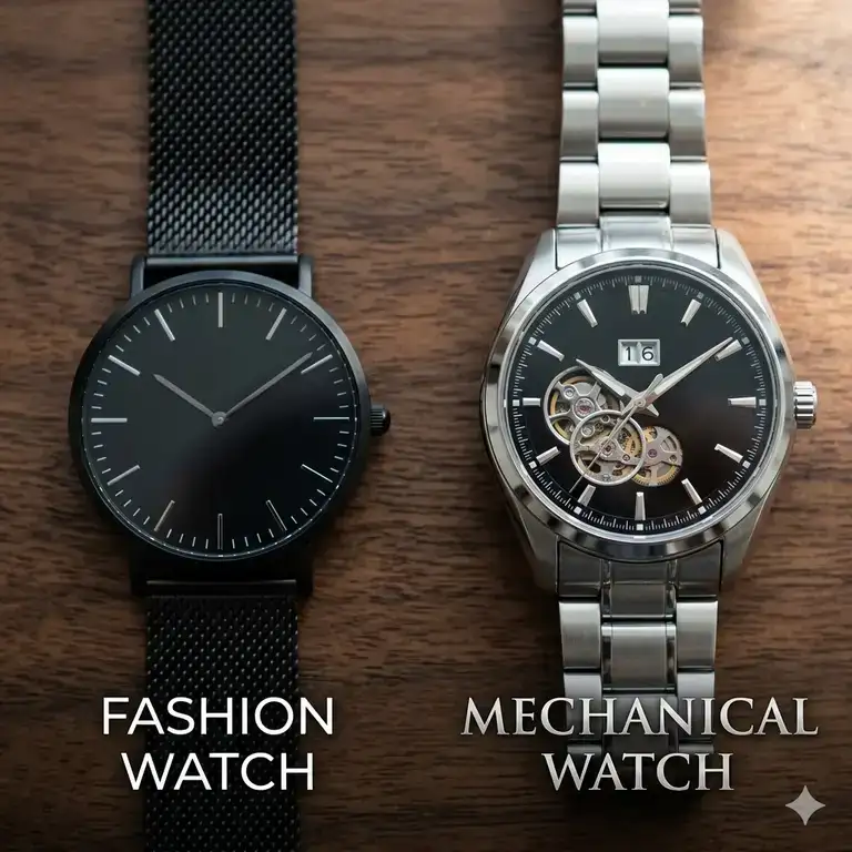 A side-by-side comparison of a modern minimalist fashion watch and a classic mechanical watch with a stainless steel bracelet.fashion watches vs mechanical watches