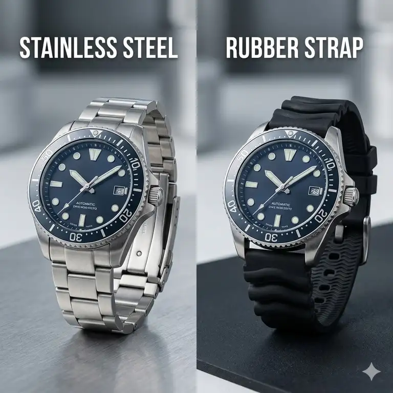 A high-quality visual of a luxury watch showing a side-by-side stainless steel vs rubber straps comparison for style and versatility.