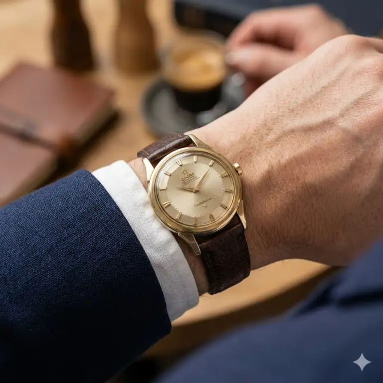 A gentleman in a suit showing how to style vintage watches with a gold dress watch and leather strap.