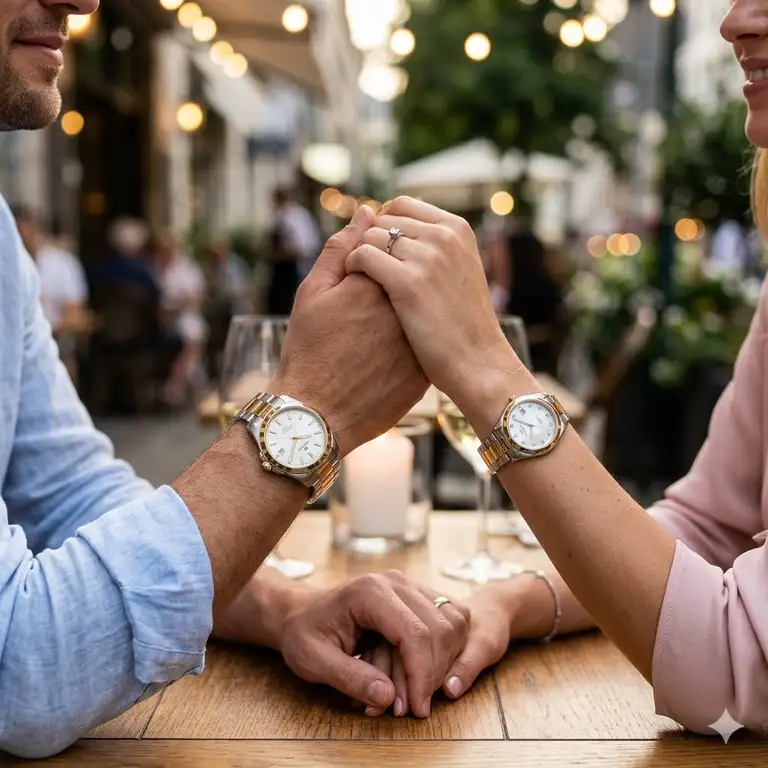 A romantic close-up of a man and woman holding hands while wearing luxury matching watches for couples.