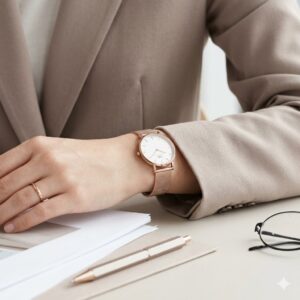 A professional wearing a rose gold timepiece with a beige blazer, a perfect example of the best watches for minimalist fashion style for work.