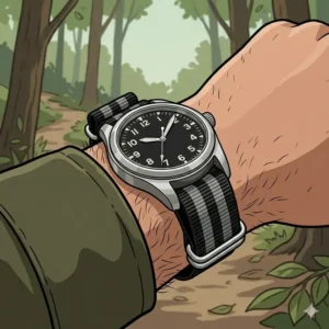 Classic black and grey striped Bond style, often cited as the best nato straps for field watches.