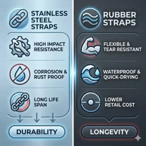 An infographic detailing material durability in a stainless steel vs rubber straps comparison to show scratch and tear resistance.