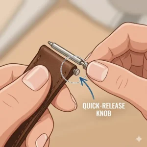 Identifying the quick-release lever as the first step of how to change watch strap without tools.