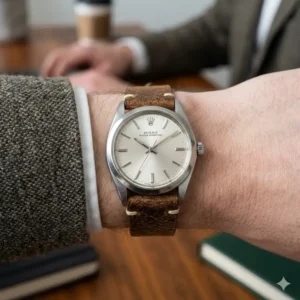 A close-up of a classic watch on a brown leather strap, illustrating a basic tip on how to style vintage watches.