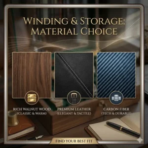 A comparison of wood, leather, and carbon fiber materials used in the best watch display boxes for collectors.