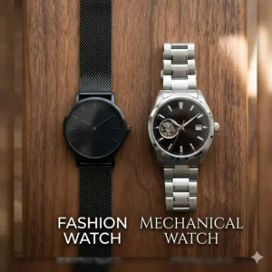 An illustration showing the complex gears of a mechanical watch movement next to a simple quartz battery found in fashion watches.