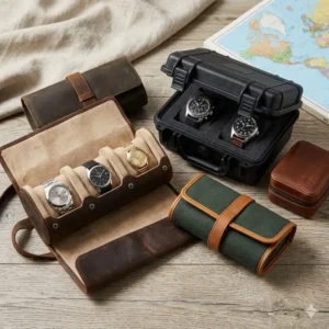 A compact single leather pouch, one of the best watch travel cases and rolls for minimalist travelers seeking portability.
