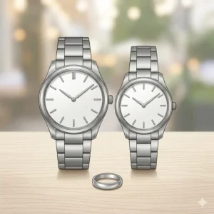 An illustration of two minimalist matching watches for couples with sleek silver bands and white dials.