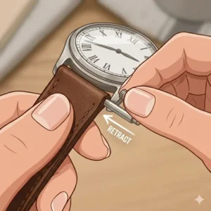 Using a fingernail to retract the spring bar pin, a key trick in how to change watch strap without tools.