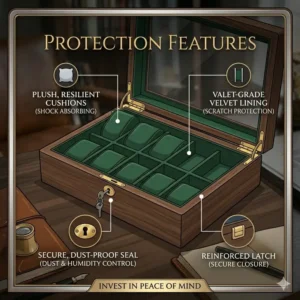 An infographic highlighting the security and protection features of the best watch display boxes for collectors.