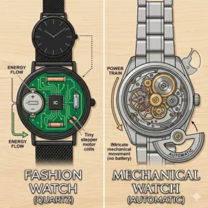A graphic comparing the long-term durability of mechanical watches versus the shorter lifespan of trend-based fashion watches.