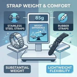 A weight and comfort chart highlighting the physical differences in a stainless steel vs rubber straps comparison for daily wear.