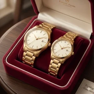 Elegant gold matching watches for couples presented in a velvet gift box for a wedding anniversary.