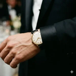 A slim, elegant gold watch paired with a formal black tie outfit, demonstrating how to style vintage watches for formal events.