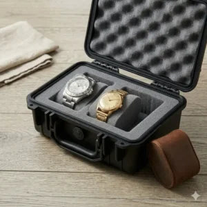 An impact-resistant hard-shell container, widely considered the best watch travel cases and rolls for maximum security during flights.