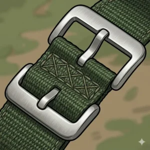 Close-up of reinforced stainless steel hardware and stitching found on the best nato straps for field watches.