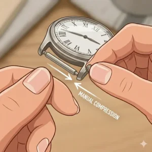 Manually compressing the spring bar spring to learn how to change watch strap without tools safely.