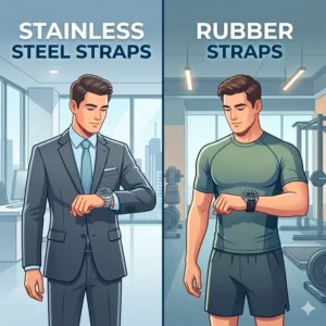A lifestyle illustration showing formal and casual outfits in a stainless steel vs rubber straps comparison for fashion matching.