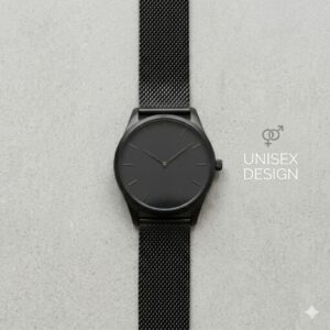 A matte black unisex watch with a mesh band, demonstrating the versatility of the best watches for minimalist fashion style.