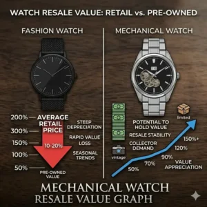 A visual categorization of popular fashion watch brands versus traditional mechanical watch manufacturers.