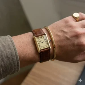 A gold watch layered with matching metal bracelets, providing creative inspiration on how to style vintage watches with accessories.