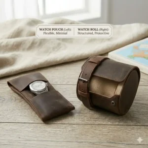 Side-by-side comparison between a soft pouch and the best watch travel cases and rolls to show different protection levels.