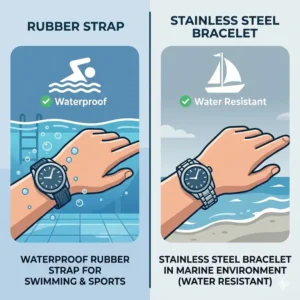 A sports and aquatic usage guide featuring a stainless steel vs rubber straps comparison for waterproof performance.