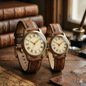 A pair of vintage-style matching watches for couples featuring brown leather straps and Roman numeral dials.