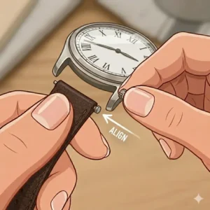 Aligning the new replacement band to the lugs, showing how to change watch strap without tools easily.
