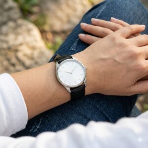 A simple watch paired with a white t-shirt and denim, featuring one of the best watches for minimalist fashion style for daily wear.