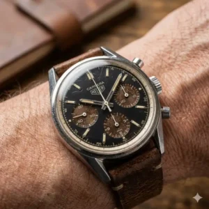 A close-up of a vintage watch dial with deep patina, highlighting key aesthetic considerations on how to style vintage watches.