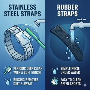 Maintenance steps and cleaning procedures shown in a stainless steel vs rubber straps comparison for long-term care.
