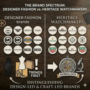 An illustration depicting the maintenance needs of mechanical watches compared to a simple battery change in fashion watches.