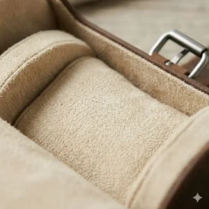 Close-up of the soft microfiber suede lining found in the best watch travel cases and rolls to prevent surface scratches.
