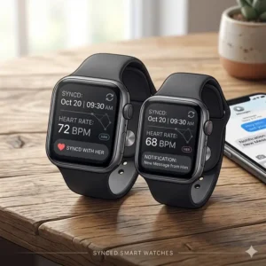 Modern digital smart matching watches for couples displaying synced heart rate and notification features.