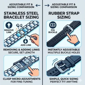 Sizing methods and link adjustment differences in a stainless steel vs rubber straps comparison for a perfect wrist fit.