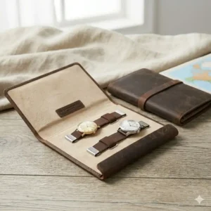 A slim leather portfolio design, a unique alternative among the best watch travel cases and rolls for vintage watch collectors.