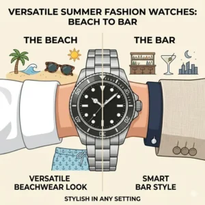 An illustration showing how the best watches for summer fashion transition perfectly from beach to bar.