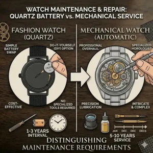 A diagram explaining the difference between the ticking second hand of a fashion watch and the smooth sweep of a mechanical movement.