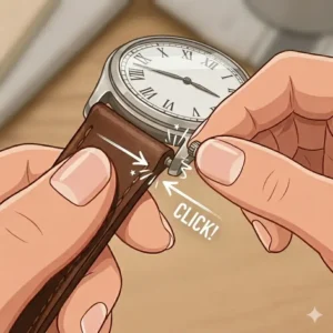 Snapping the pin into the lug hole to complete the process of how to change watch strap without tools.