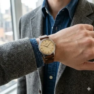 A watch with a unique bracelet worn with a tweed jacket and denim shirt, exploring how to style vintage watches with varied textures.