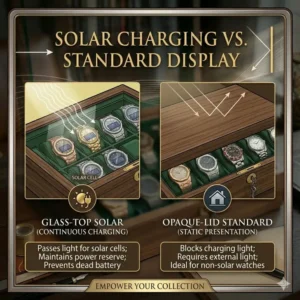 A graphic explaining how glass tops on the best watch display boxes for collectors allow for solar watch charging.