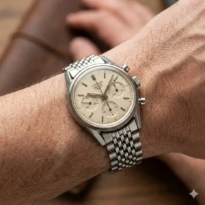 A polished chronograph watch on a steel beads-of-rice bracelet, showing an authentic retro way of how to style vintage watches.