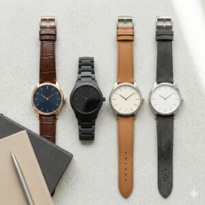 A collection of high-end understated timepieces, displaying the best watches for minimalist fashion style for a luxury wardrobe.